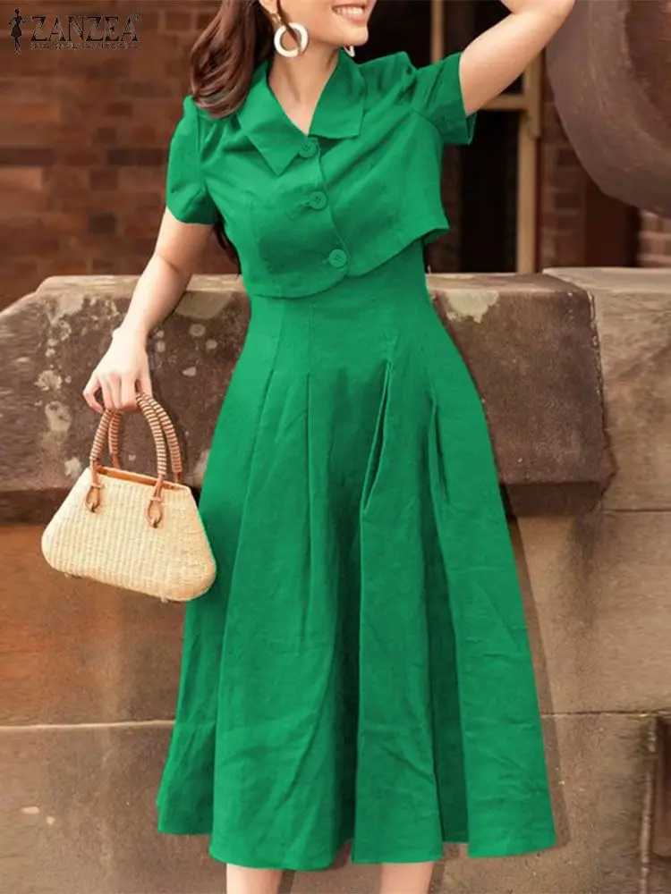 ZANZEA Womens Two Piece Set 2024 Summer Match Set Office Shorts Sve Coat and Tank Top Dress Casual Solid Dress SetXJ250414