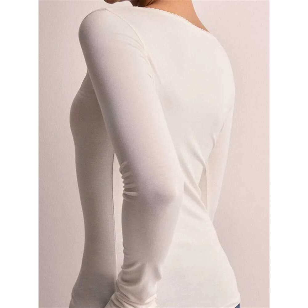 CHRONSTYLE Women T-shirts Long Sleeve Low-cut Lace Trim Solid Color Slim Fit Ladies Spring Fall Tops Streetwear Tees Shirts