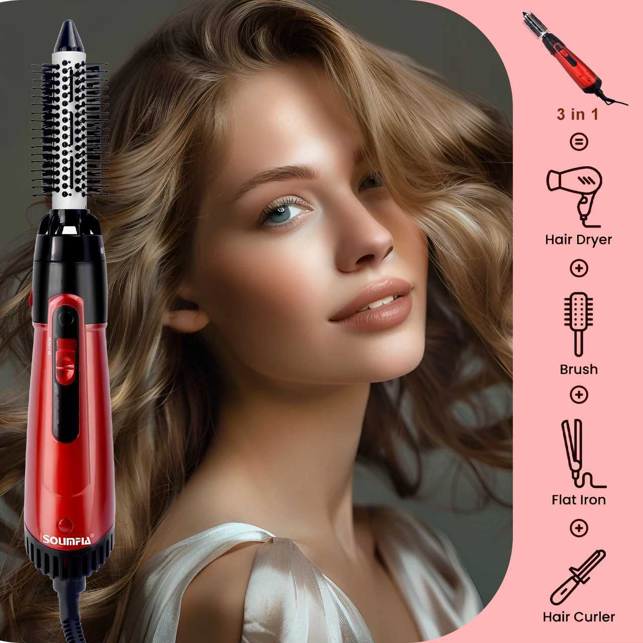 3 in 1 Hair Dryer Volumizer Brush Negative Ion Hot Air Brush with 3 Temperature Settings for Drying Straightening CurlingT251114