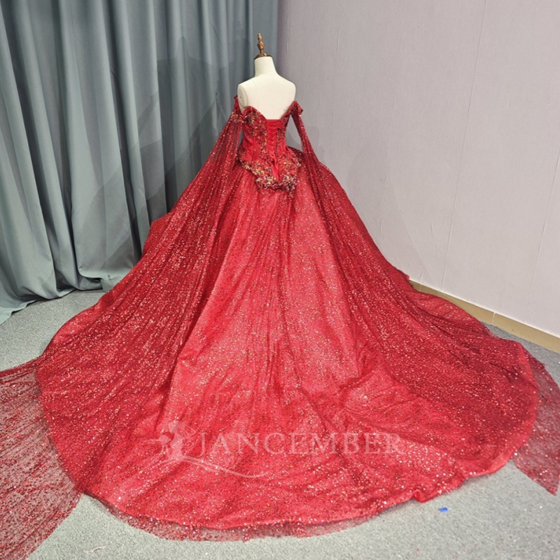 Red Shiny Princess Quinceanera Dresses Off Shoulder Applique Lace Beads With Cape Tull Corset Sweet 16 Dress Ball Gown Vestidos 15 Anos