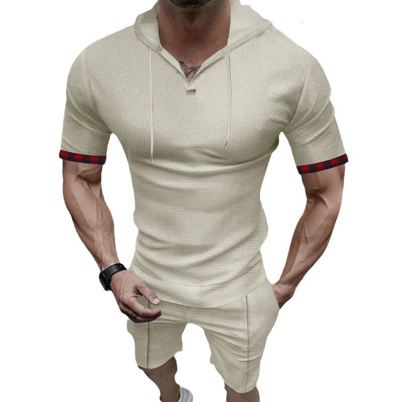 2025 Summer New Men's Waffle Hooded Short sleeved Shorts Casual Sports Set for Men
