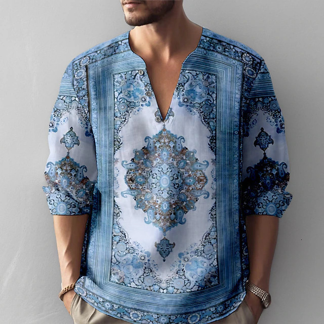 2025 Men's New Mid Sleeve Autumn Loose Ethnic Style Printed Casual T-shirt with Large V-neck