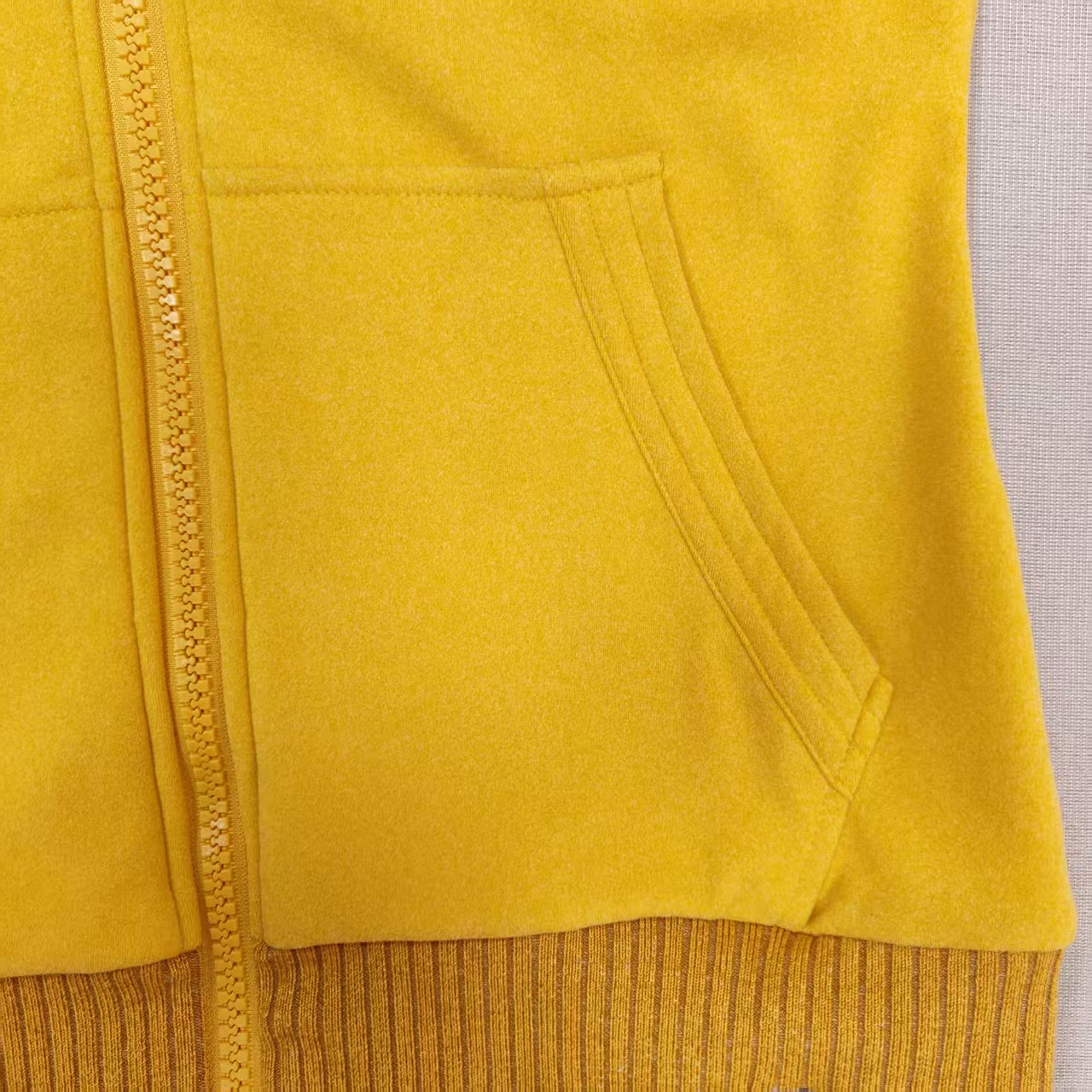 Women's Yellow Slim Fit Fleece Zip-Up Hoodie with Ribbed cuffs and hem Stand collar hood Filled hood Label patch for Daily Casual Wear