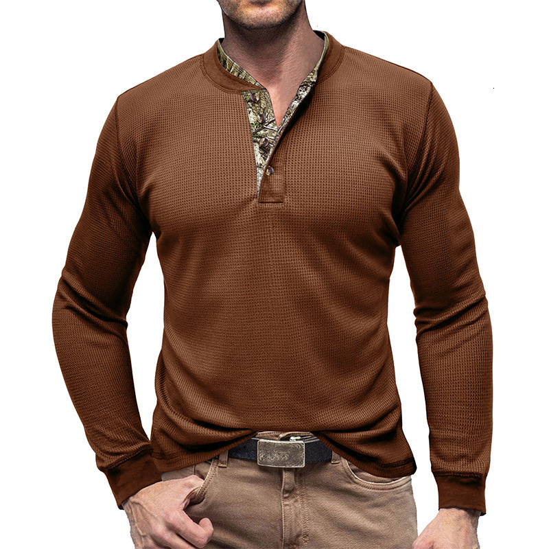 Mens long sleeved outdoor bottoming shirt Mens Henry T-shirt Waffle round neck top
