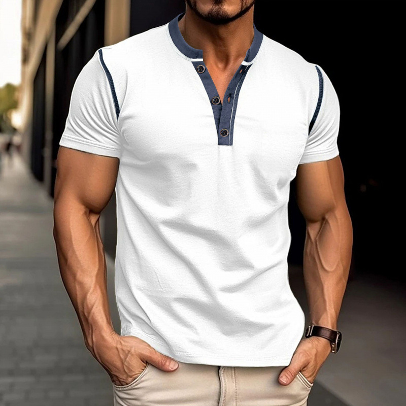 2024 summer mens short sleeved Henry collar T-shirt mens base shirt color blocked T-shirt
