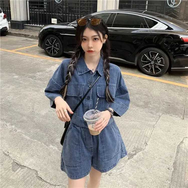 Summer Retro Denim Shorts Set Womens Fashion Reduced Collar Half Sve Shirt Top Casual Loose Shorts Two Piece SetXJ250414