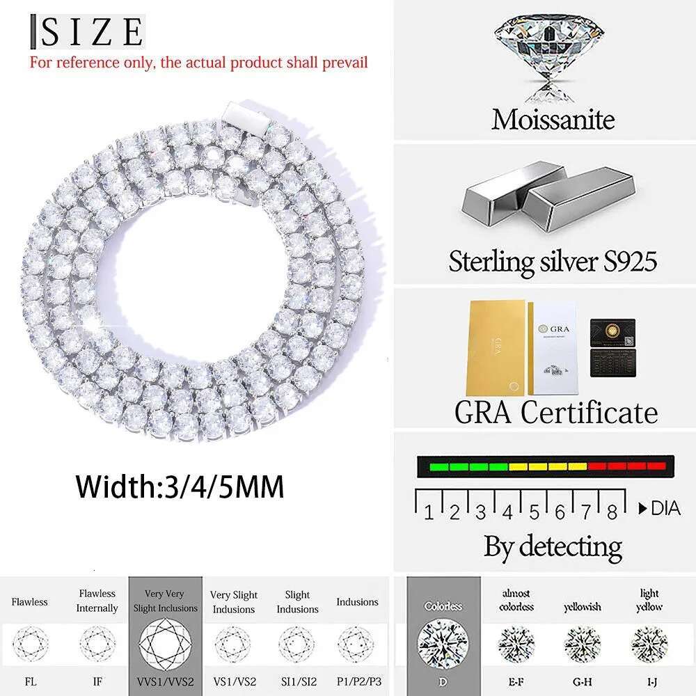 3mm 4mm 5mm VVS Moissanite Tennis Chain 925 Sterling Silver with GRA Pass Test Diamond Fine Necklace Jewelry