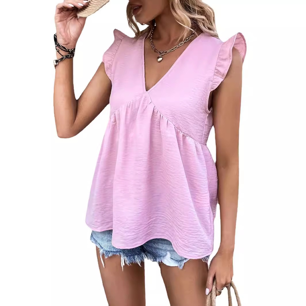 V-neck ruffle sleeve top 2025 summer solid color elegant women's shirt