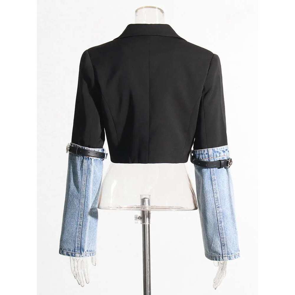 DEAT Fashion Trendy Women's Spliced Denim Belt Long Sleeves Coat 2024 Spring New Turn-Down Collar Buttons Jacket Female 7Ab010