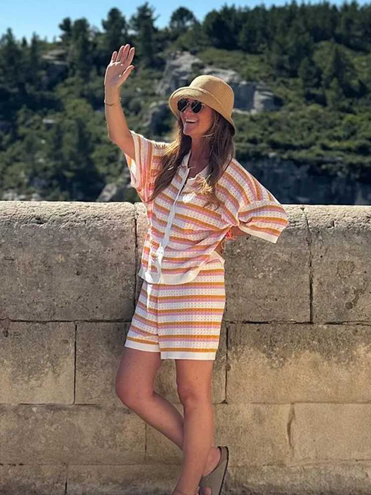 2025 New Fashion Stripe Knitted Hollow Shorts Set Fashion Womens Button Down Collar Loose Shirt Set Casual Womens Vacation SetXJ250414