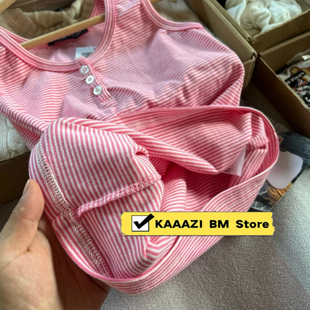 Retro cut top womens summer three button sleeveless cotton vest ultrathin pink striped Y2k 250414Z