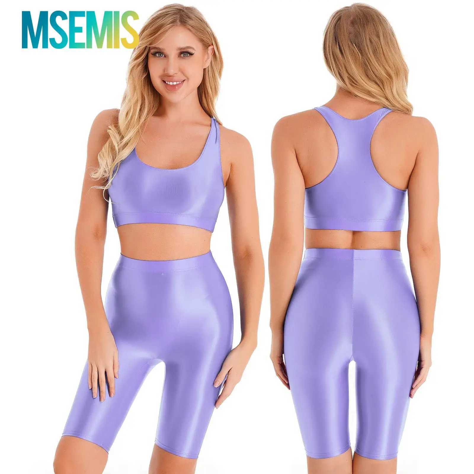 Womens Gymnastics Swimsuit Swimwear Two-piece Rave Outfit Sportwear Glossy U Neck Sleeveless Crop Tank Top High Waist ShortsW251113