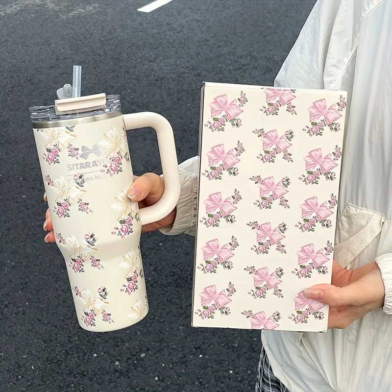 1pc 900ml Floral Print Stainless Steel Vacuum Insulated Tumbler with Straw Ice Cold Retention CupBirthday Gift for Women C251114