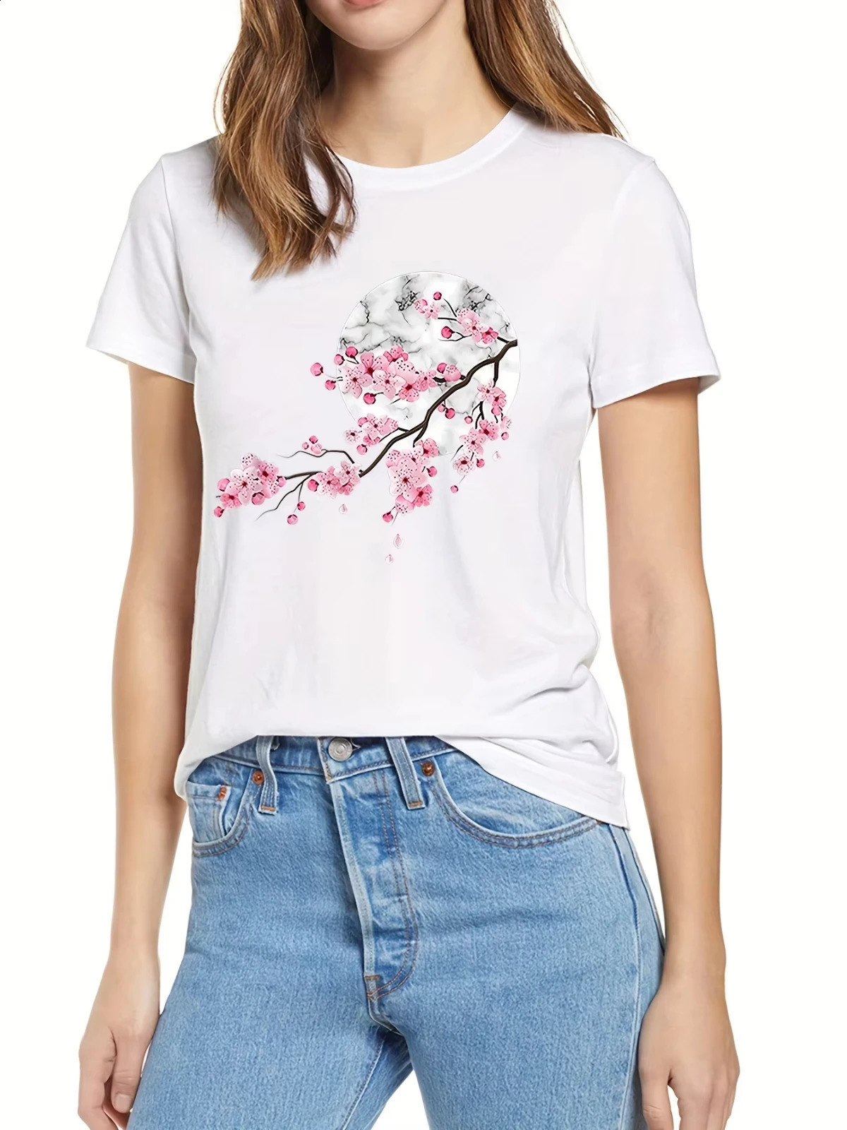 Sakura Moon Summer Casual Short Sleeve Round Neck Comfortable Womens Printed T-shirt 250410