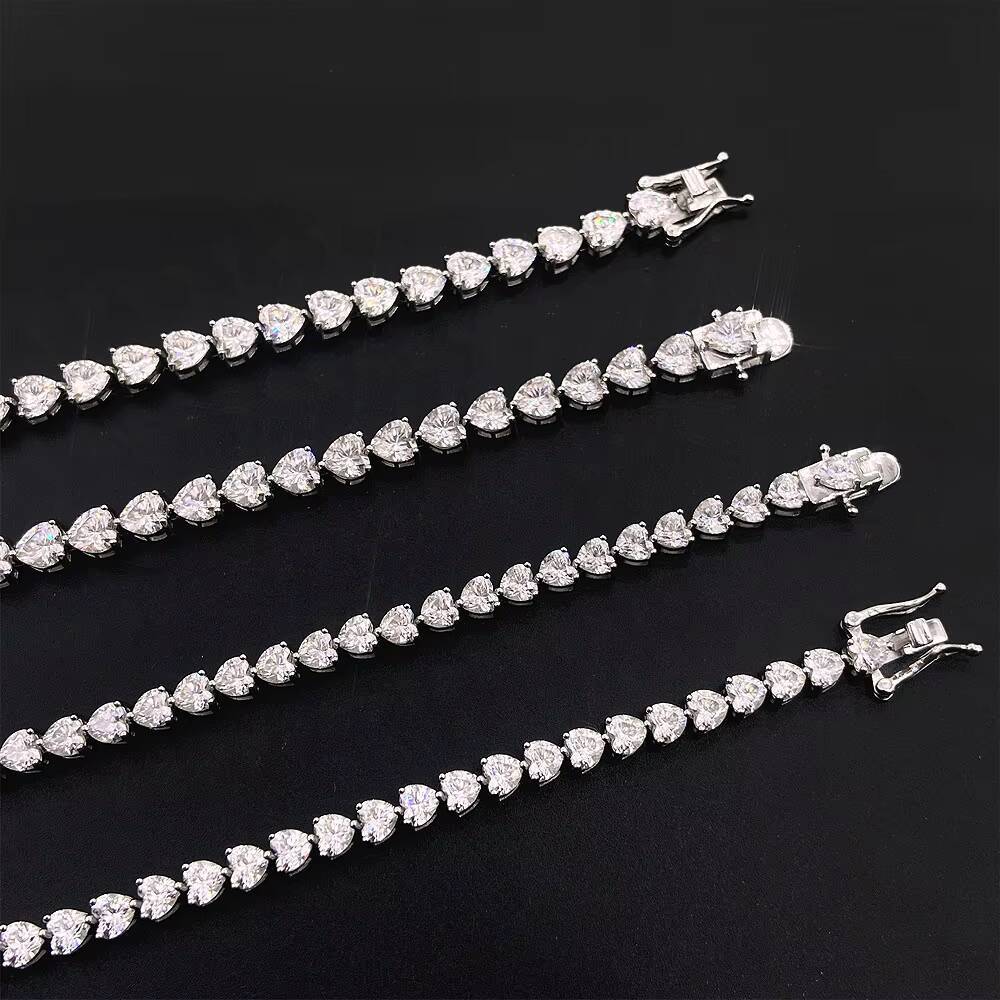 Trendy Rapper Hip Hop Jewelry VVS 3mm 18k Gold Heart Luxury Iced Out Moissanite Tennis Chain Bracelet with Women Best Gift