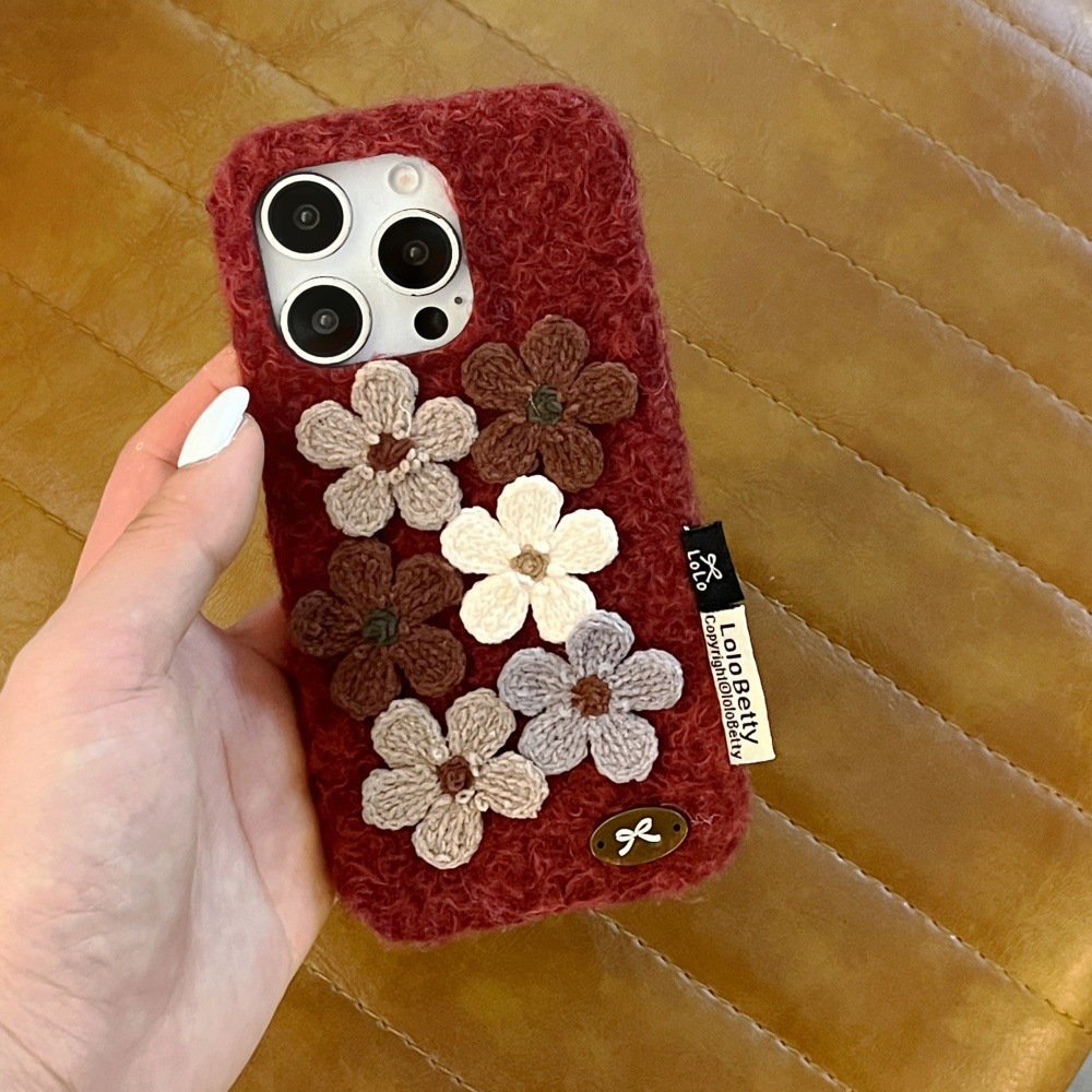 Plush Sticky Small Flower Phone Case Compatible with iPhone 17/16 Pro Niche Personalized Solid Color Case iPhone 15/14