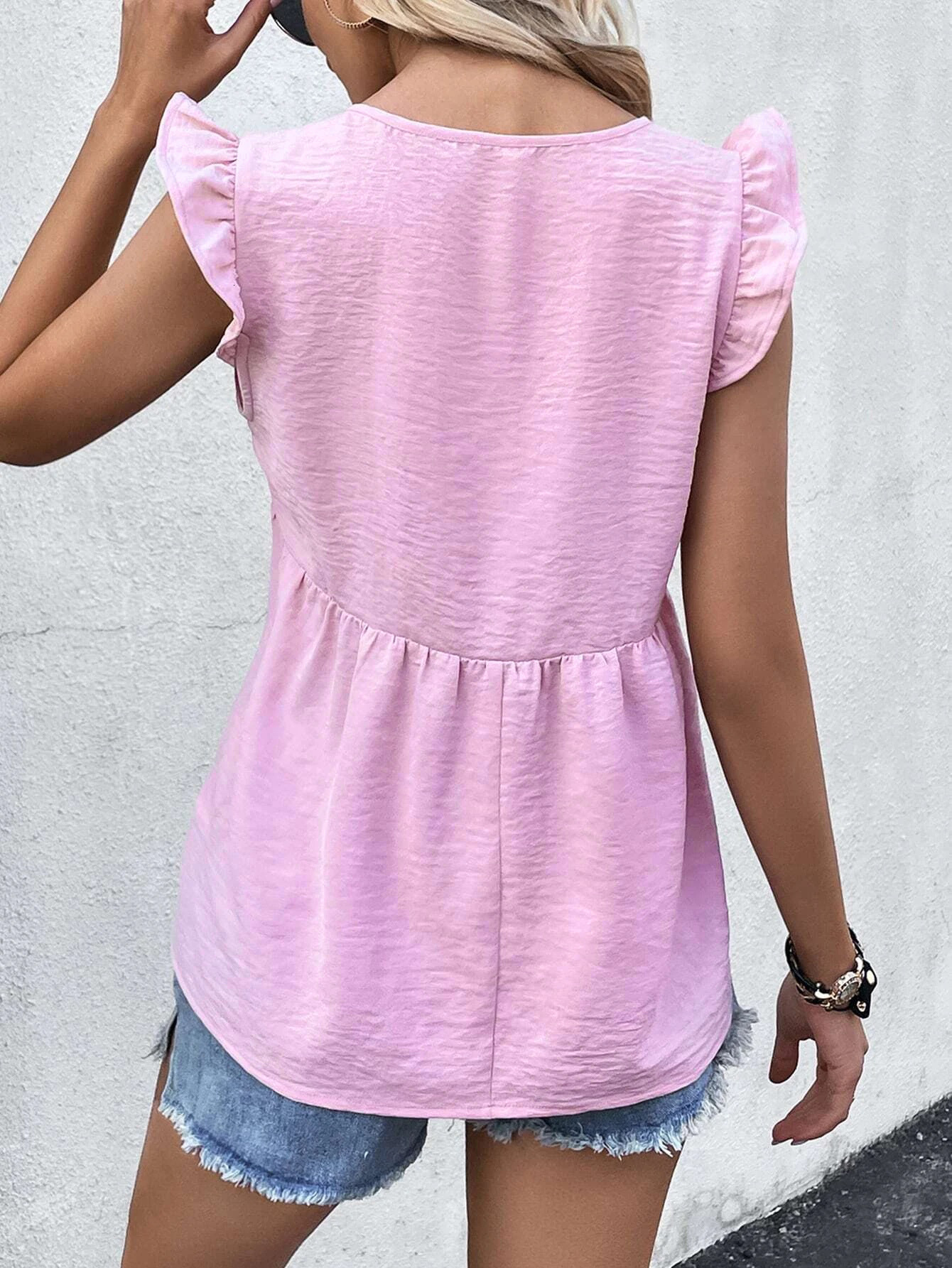 V-neck ruffle sleeve top 2025 summer solid color elegant women's shirt