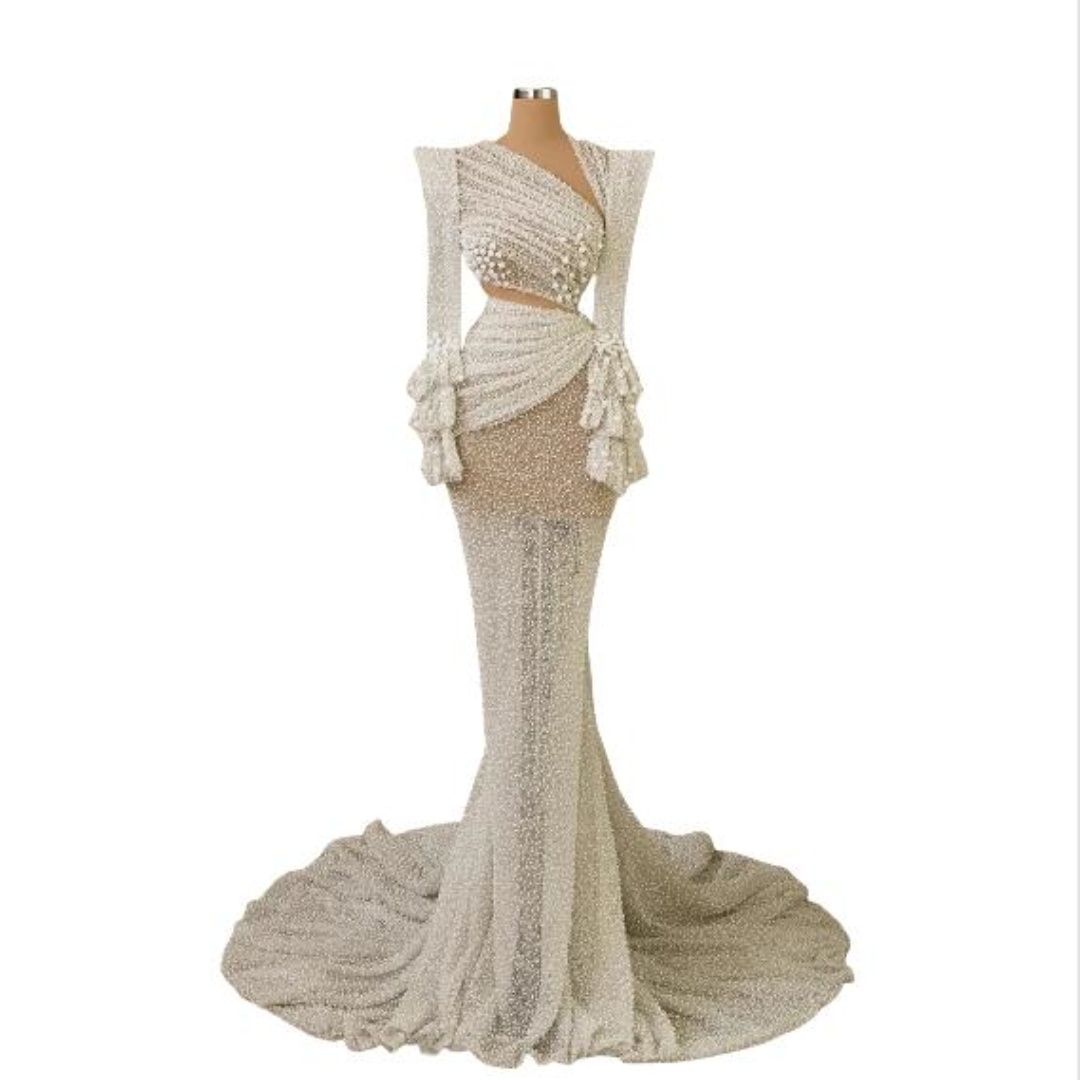 Glitter Beaded Lace Mermaid Wedding Dresses Sexy Long Sleeve Bridal Gown Sequined Pearls Customized Robe De Mariee