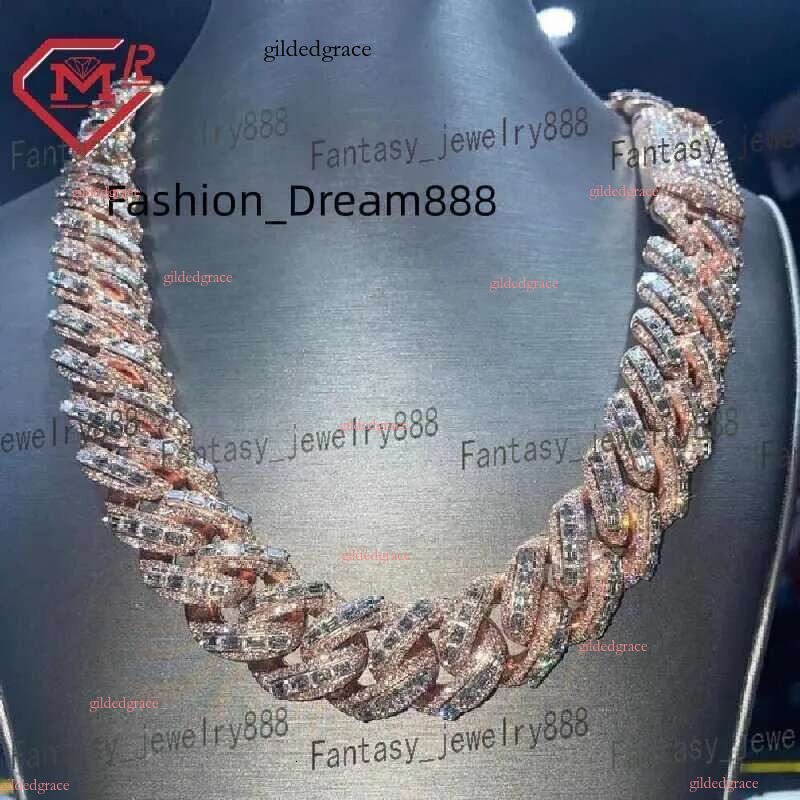 Rappers 24mm Iced Out Rose Gold Emerald Cut Moissanite Cuban k Mens Hip Hop Miami Chain