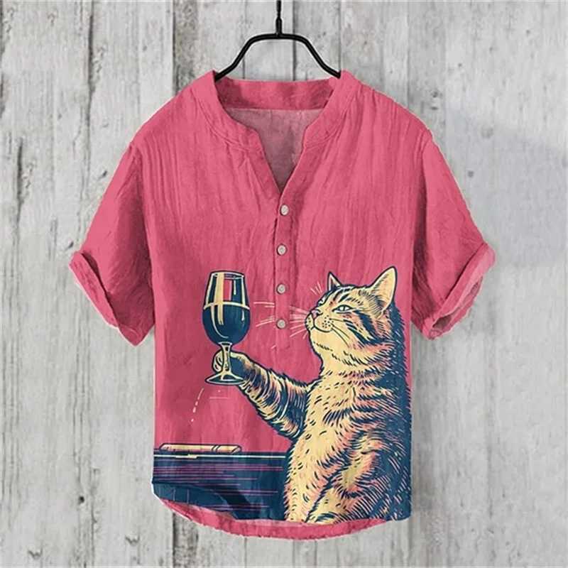 Cat 3D printed Henry mens summer fashion mens short sleeved shirt fashionable casual plus size Hawaiian mens clothing top W250414