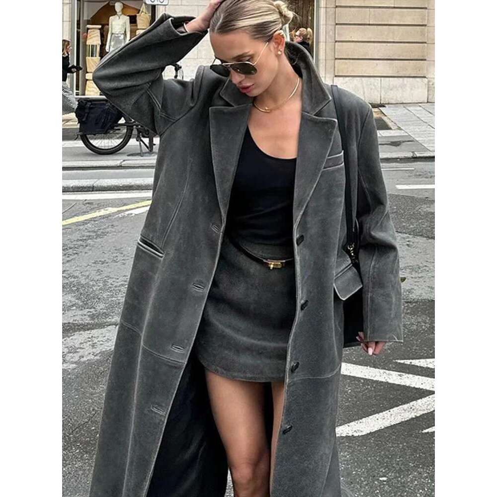 Designer Clothes Grey Leather Women's Coat Vintage Turndown Collar Single Breasted Long Sleeve Coats Fashion Autumn Retro Jacket Outerwears