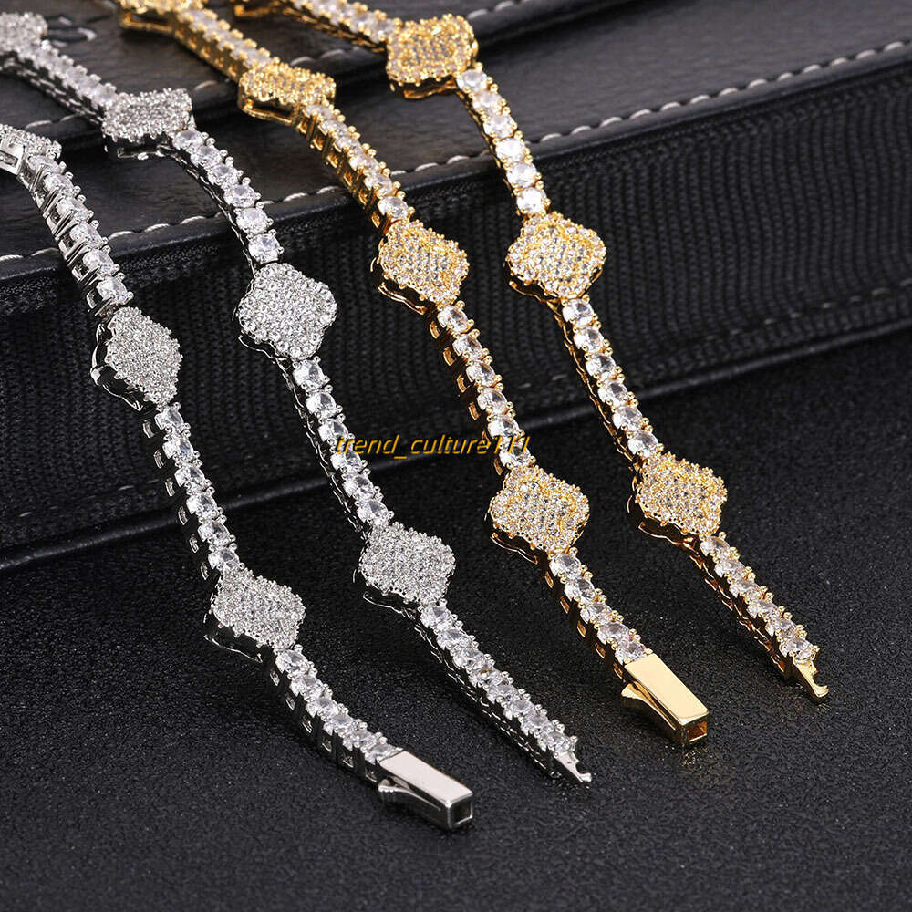 Hip hop spring buckle Moissanite tennis chain clover men's bracelet high-end accessories
