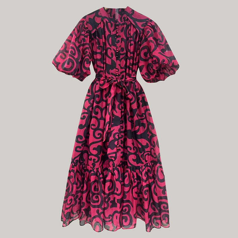 Designer Women's French Style Printed Maxi Dress with Bubble Sleeves - Loose Fit, Round Neck for Summer