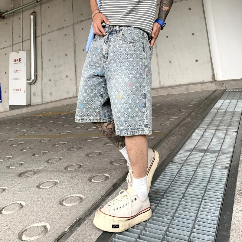 14003 Summer American Ted Jacquard Loose Casual Fashion Straight Blue Washed Cowboy Shorts 250414