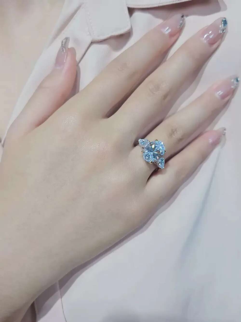 Custom Platinum PT950 Women Ring Moissanite Diamonds Oval Pear Water Drop Party Engagement Anniversary Wedding Ring Trendy