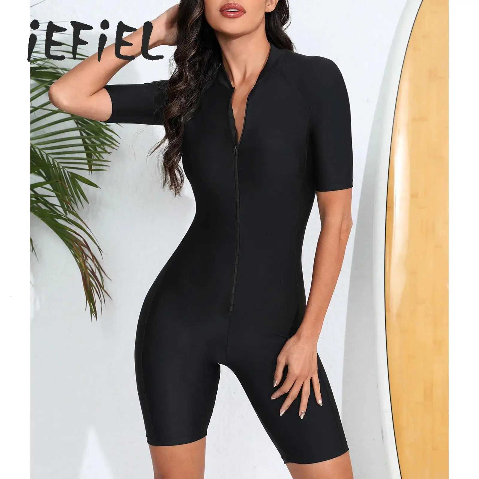 Athletic One Piece Swimsuits for Women Boy Leg Swimwear Front Zip Surfing Wetsuit Jumpsuit Beachwear Rushguard Bathing SuitW251113