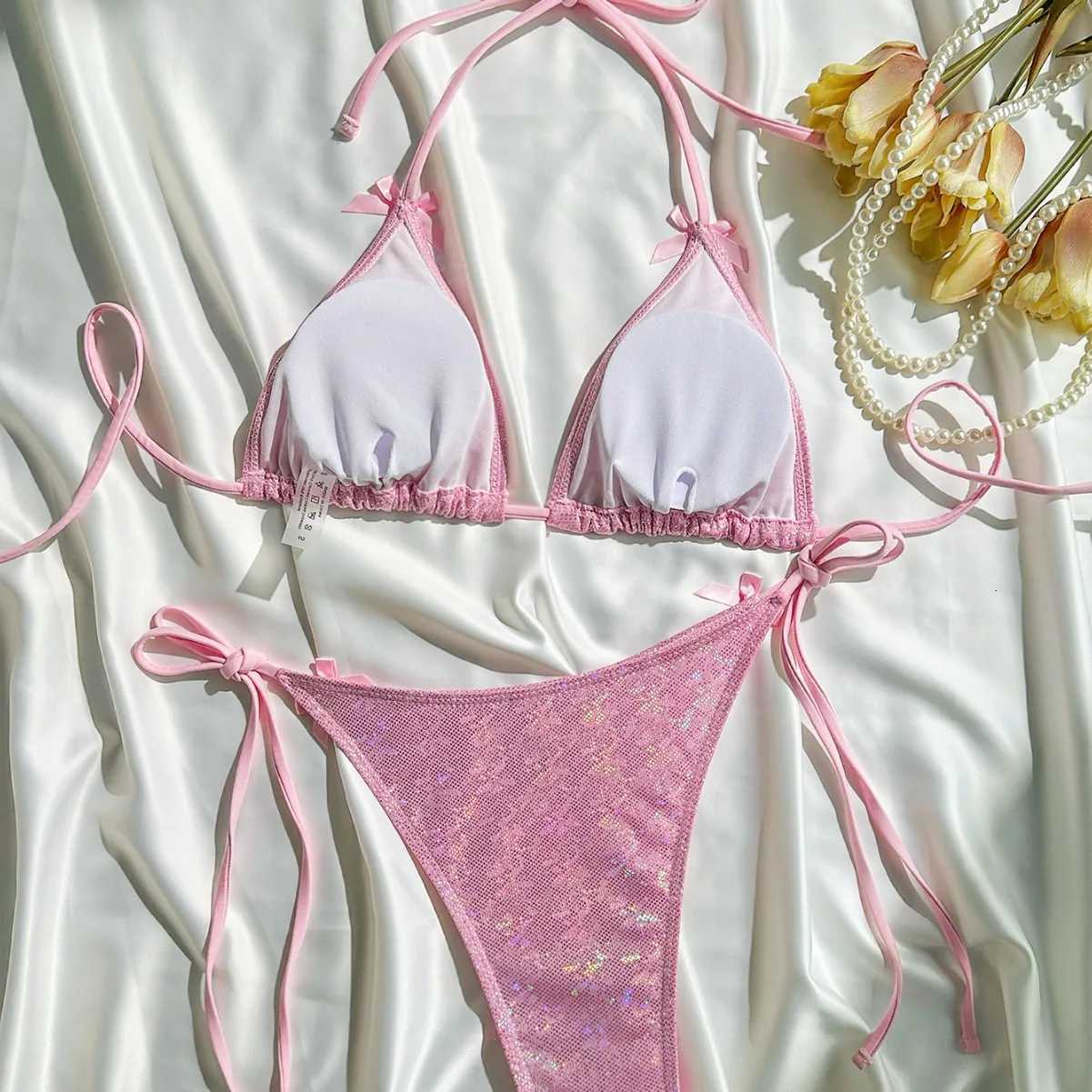 Shiny Pink Micro Bikini Set 2025 Mujer Women Sexy Push Up Thong Swimsuit Summer Bathing Suit Bandage Holiday Swimwear WomenW251113