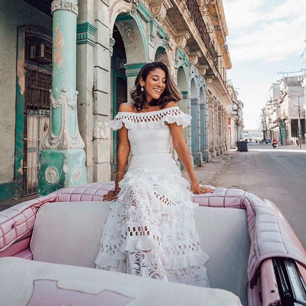 2025 Summer New Womens One Shoulder Lotus Leaf Edge Hollow Out Large Swing Lace Dress Long Skirt