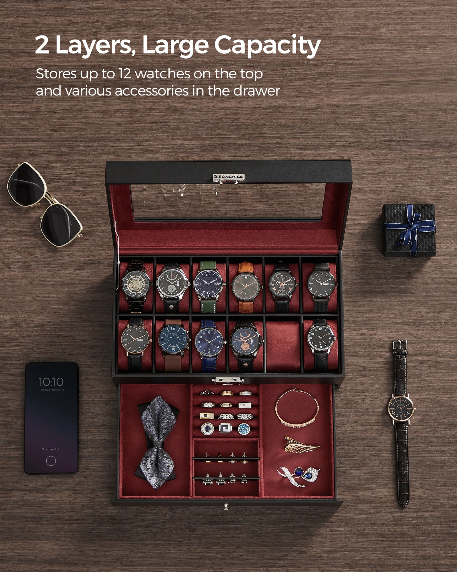 SONGMICS Lockable Watch Box 12-Slot with Glass Lid 2 Layers Watch Case with 1 Drawer for Rings And Bracelets Gift Idea 251110