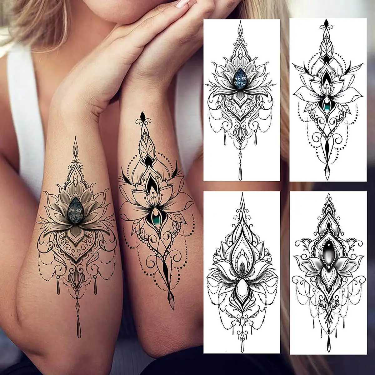 COTAK 10 Black Fingernail Flower Lotus Temporary Tattoo Female Lace Tattoo Stickers Mandala Flower Butterfly Rose Tattoo AdultXJ25414