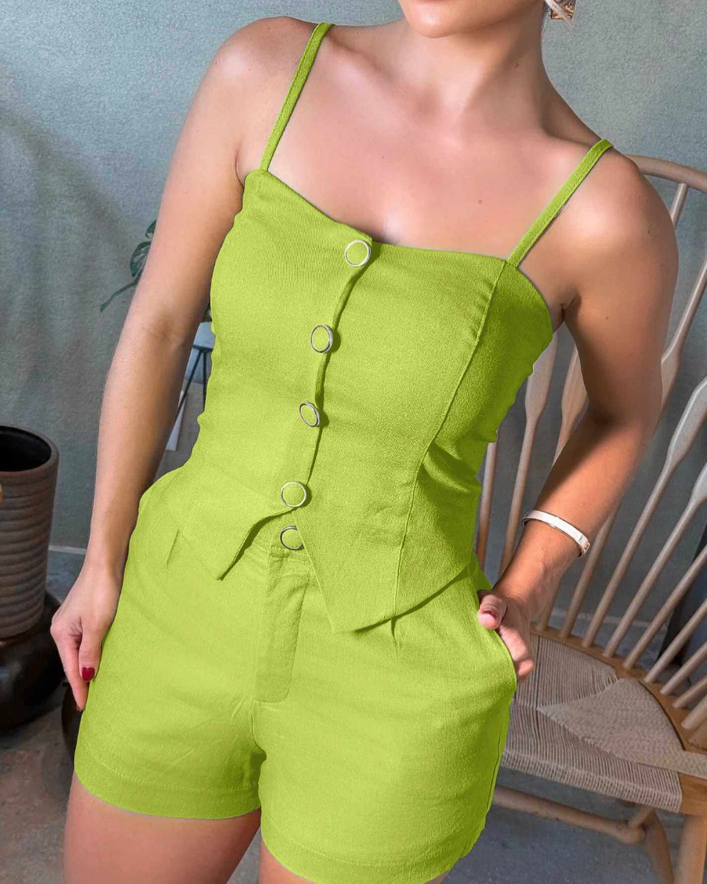 Summer 2025 2-piece Bandeau spaghetti strap button front seam hem top and pocket design ultra-thin setXJ250414