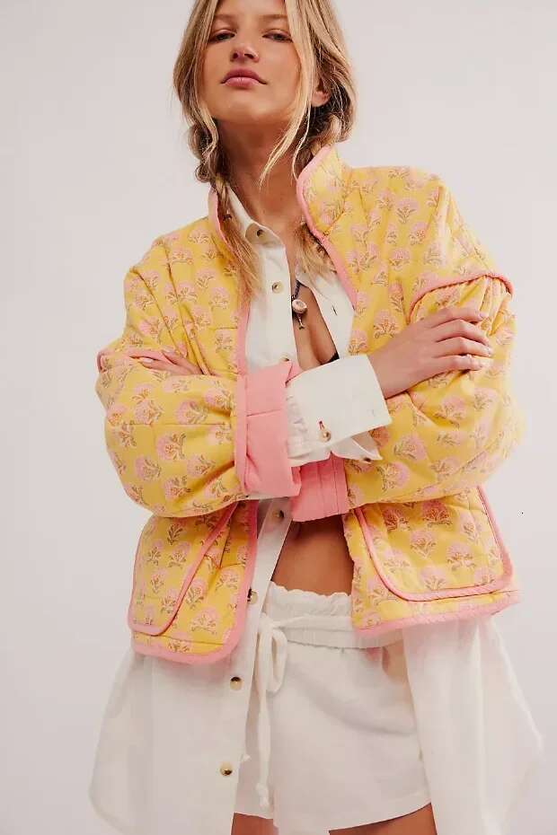 Designer Clothes Suninheart Print V Neck Cotton Jacket Fashion Long Sleeved Quilted Coats Single Breasted Loose Coat Autumn New Outerwear