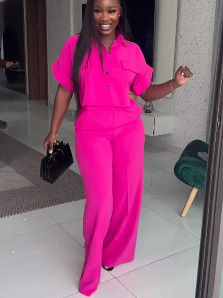 Womens two-piece set for spring and summer new style with collar and short SVED shirt high waist and wide legs mens casual suit womens clothingXJ25041