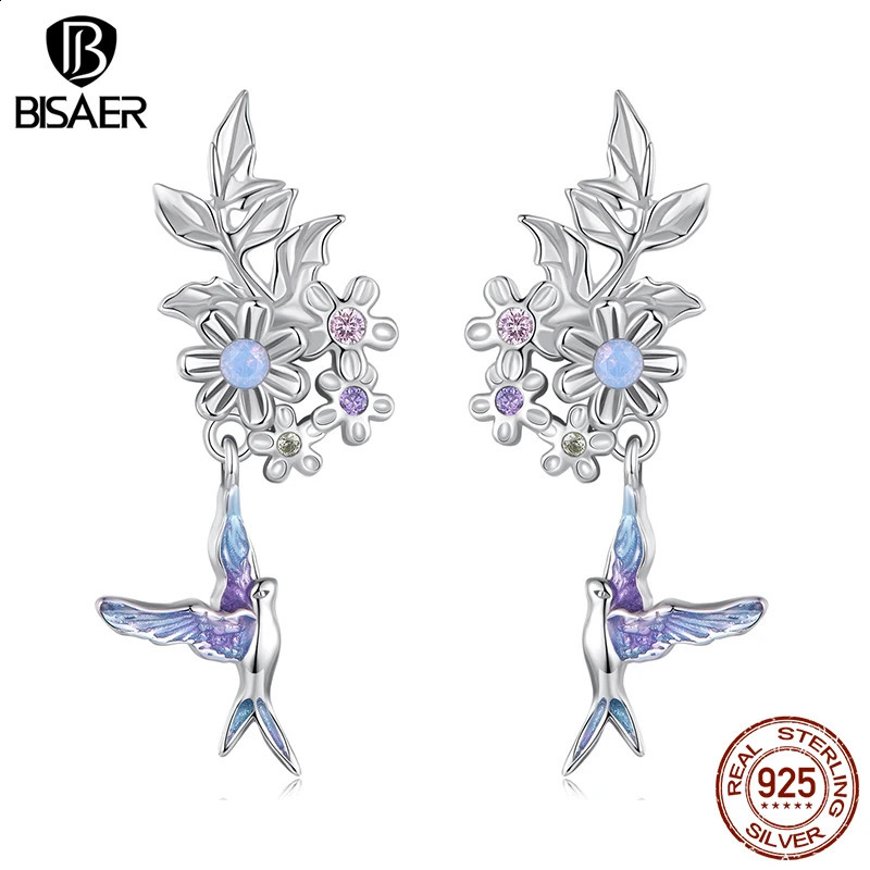 BISAER 925 sterling silver flower and bird earrings bird enamel earrings plated with platinum exquisite jewelry for womens parties 250409