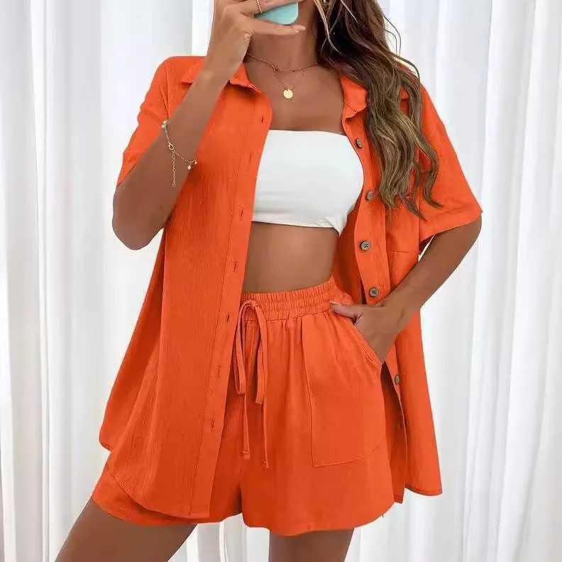 Solid color single chest casual loose shorts set womens summer womens 2-piece set full set Fe setXJ250414