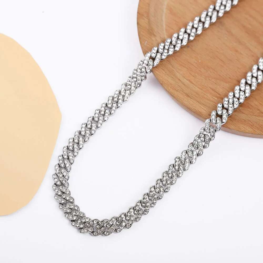 Hip Hop Men Women 9MM Prong Cuban Link Chain Necklace Bling Iced Out 2 Row Rhinestone Paved Miami Rhombus Cuban Necklace Jewelry