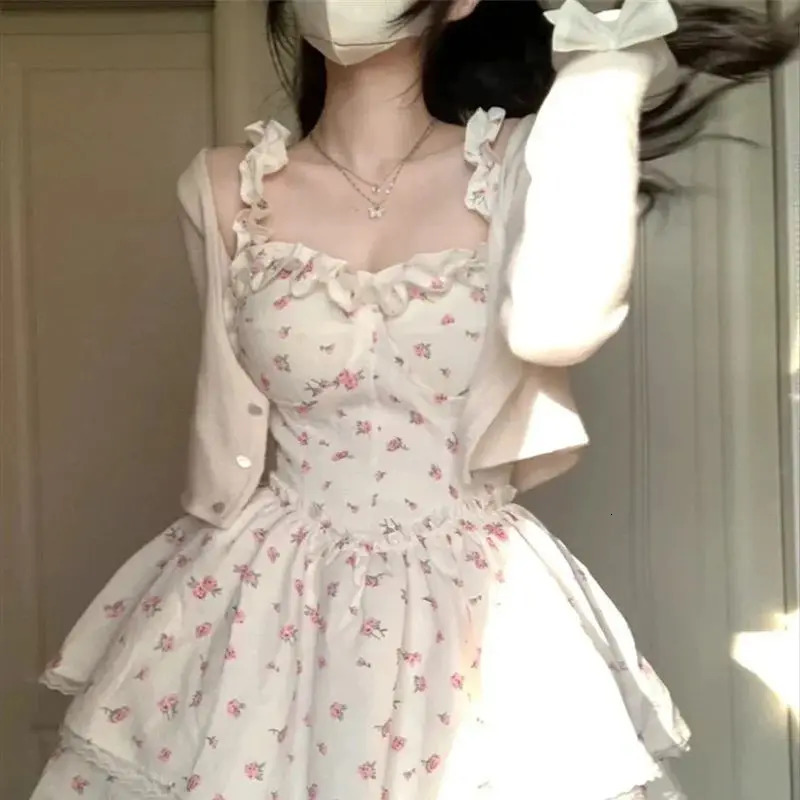 2024 Summer Lace Sweet Dress Retro Sleeveless Elegant Cute Mini Printed French Temperature Fashion Belt 250414