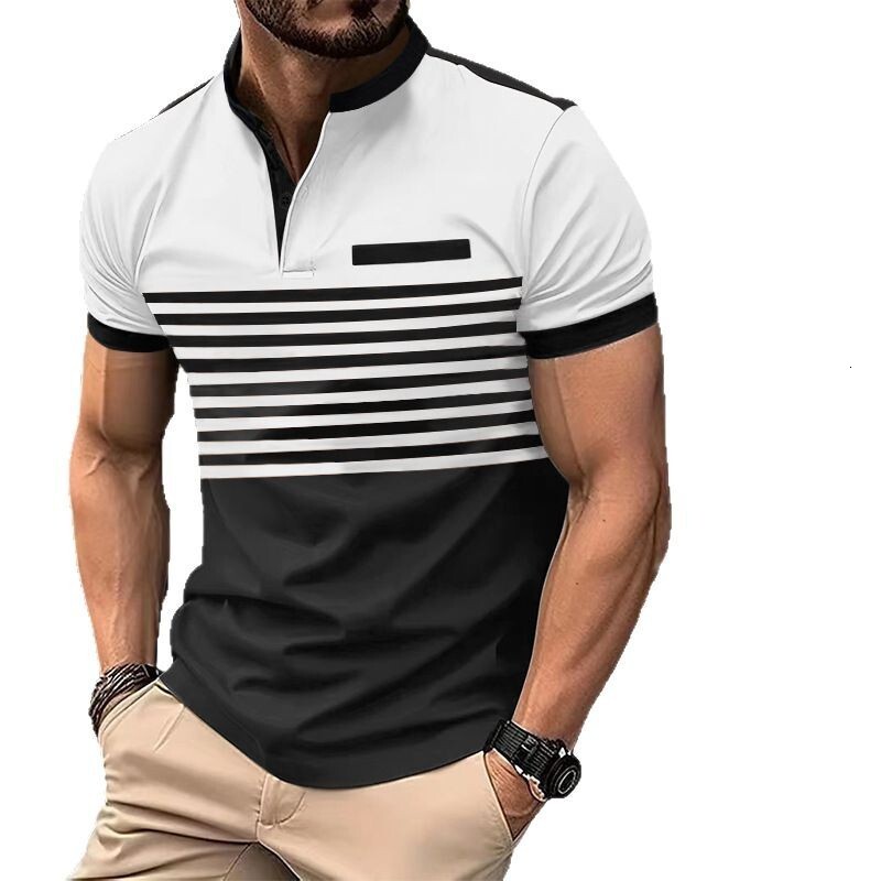 New contrasting striped short sleeved men's casual POLO shirt V-neck button top for men
