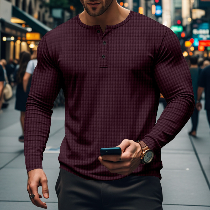 Autumn and winter temu small grid casual sports breathable mens long sleeved T-shirt mens casual Henry shirt