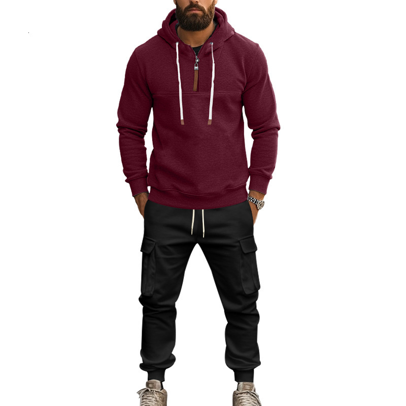 Autumn Winter American Hooded Velvet and Pants Casual Men's Sweatshirt Set