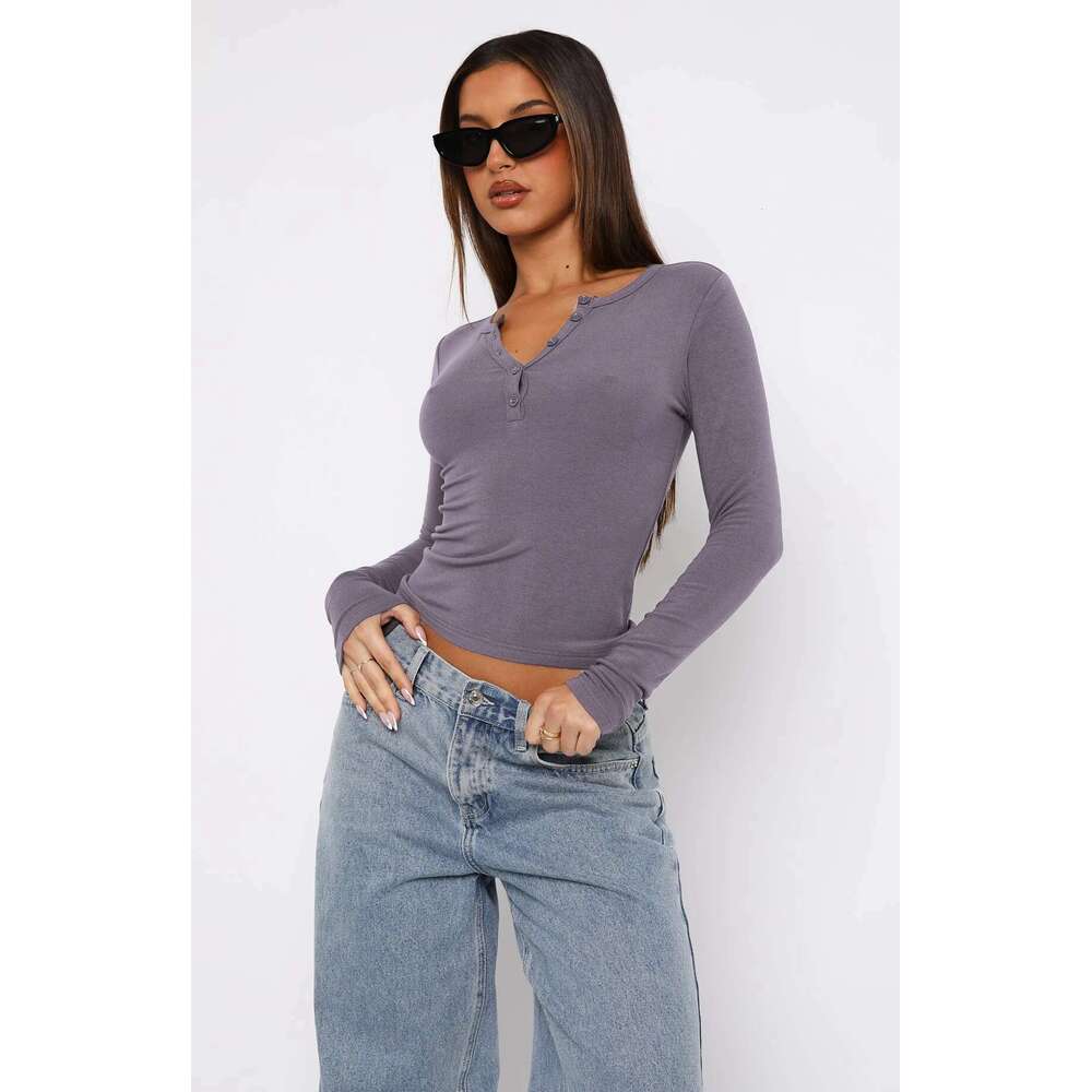 Womens V Neck Button Down Henley T Y2K Slim Fit Long Sleeve Crop Tops Basic Casual Going Out Tee Shirts