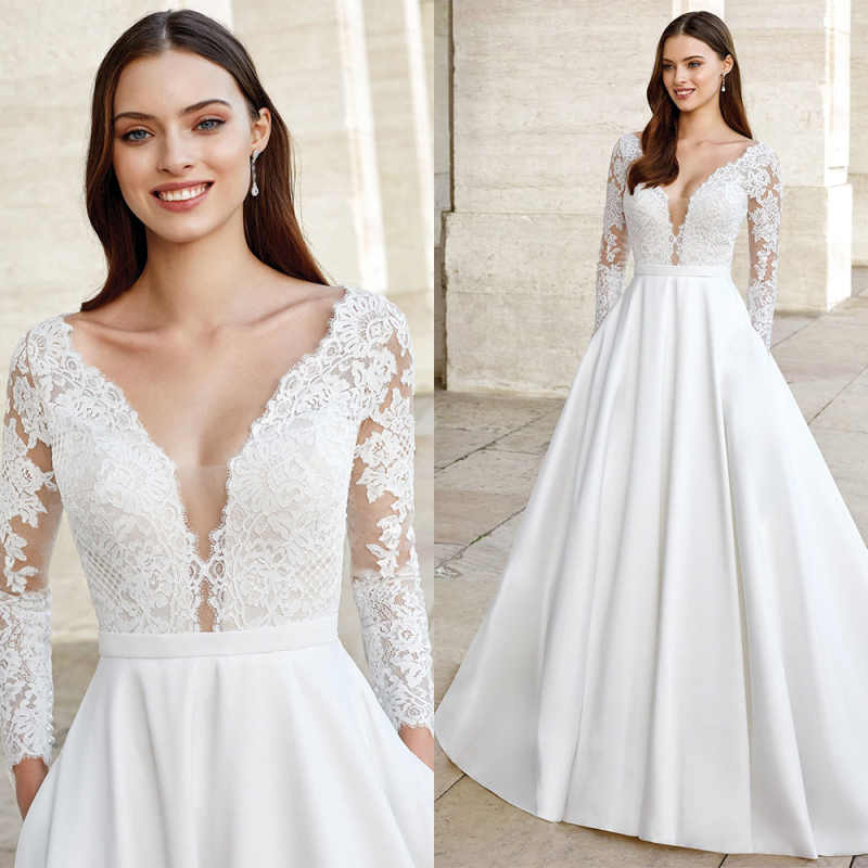 Graceful A-Line Bridal Wedding Dresses V-Neck Full Sleeve Lace With Appliques Backless Floor-Length Plus Size For Special Occasion Vestido de novia