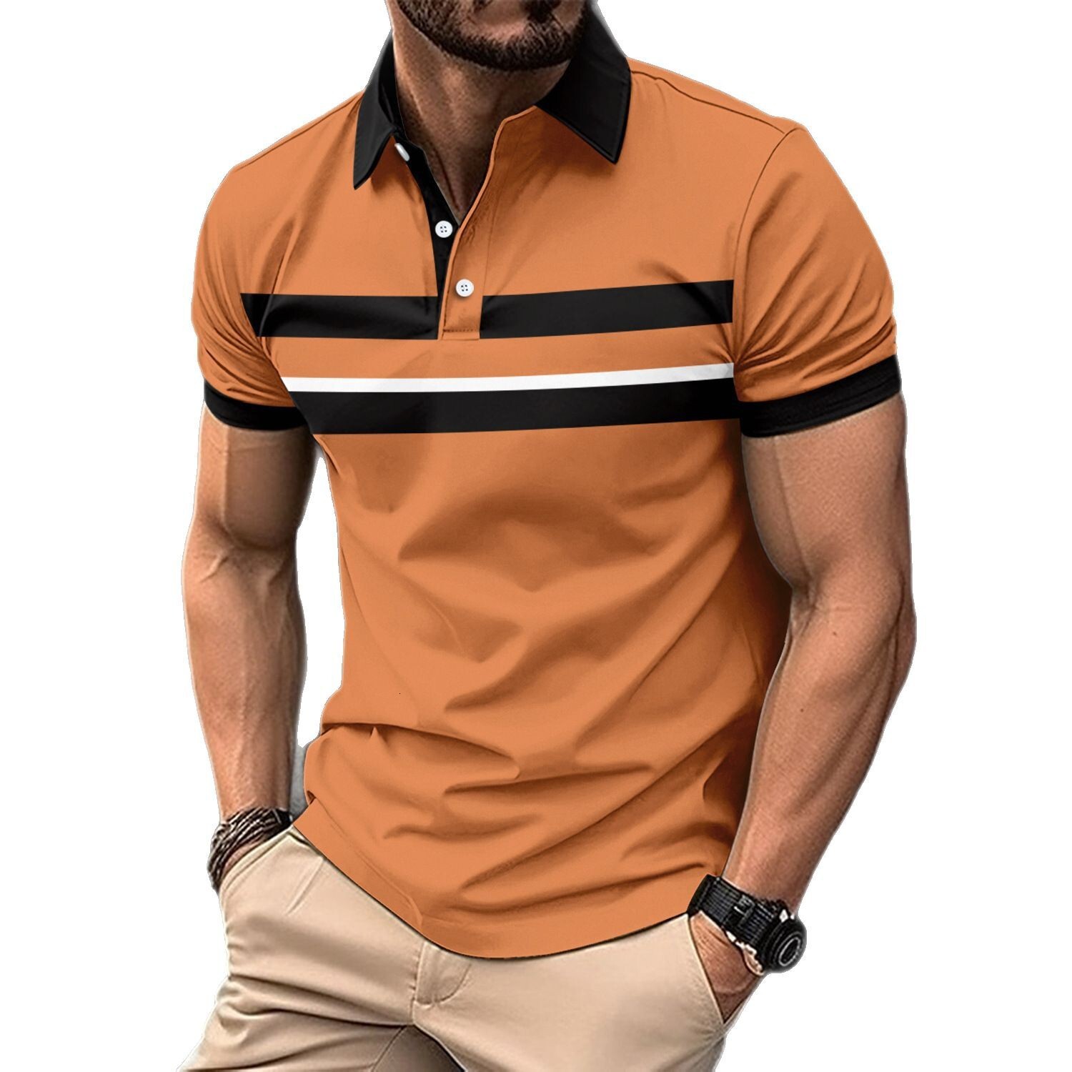 New polo shirt, short sleeved T-shirt, men's bird eye cloth, lapel button, digital printed versatile top