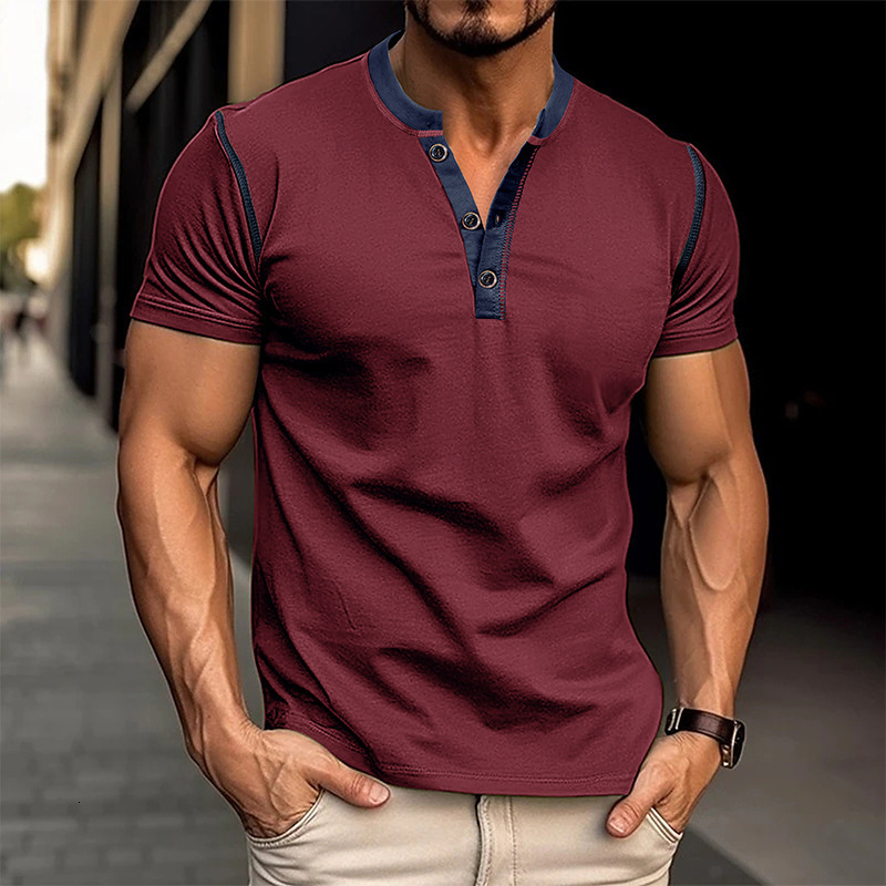 2024 Summer Mens Short sleeved Henley Shirt Mens Round Neck T-shirt Color Block T-shirt
