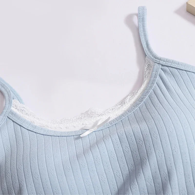 Womens summer casual vacation twopiece bow vest patch work contrast color lace knit sweet shoulder backless crop top 250414Z