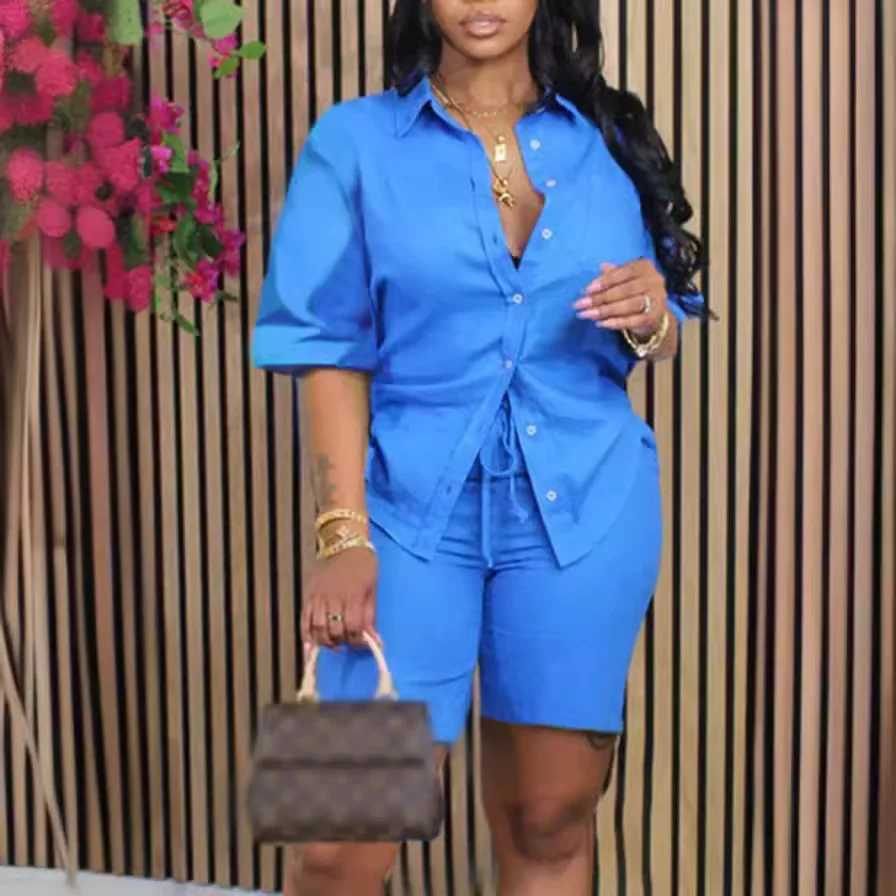 Solid color casual loose womens shorts set 2025 Ele summer womens two-piece set full set Fe setXJ250414